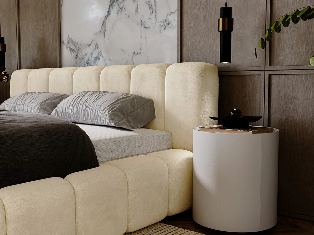 Gestoffeerd bed Ibiza 140x200 crème - opbergruimte voor beddengoed, houten lattenbodem, doorgestikt hoofdbord en bedframe.