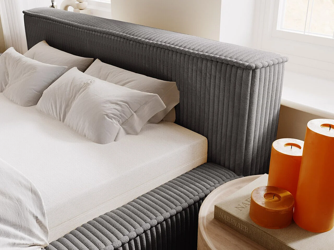 Gestoffeerd bed Lago 120x200 grijs - opbergruimte voor beddengoed, houten lattenbodem, hoofdbord en bedframe