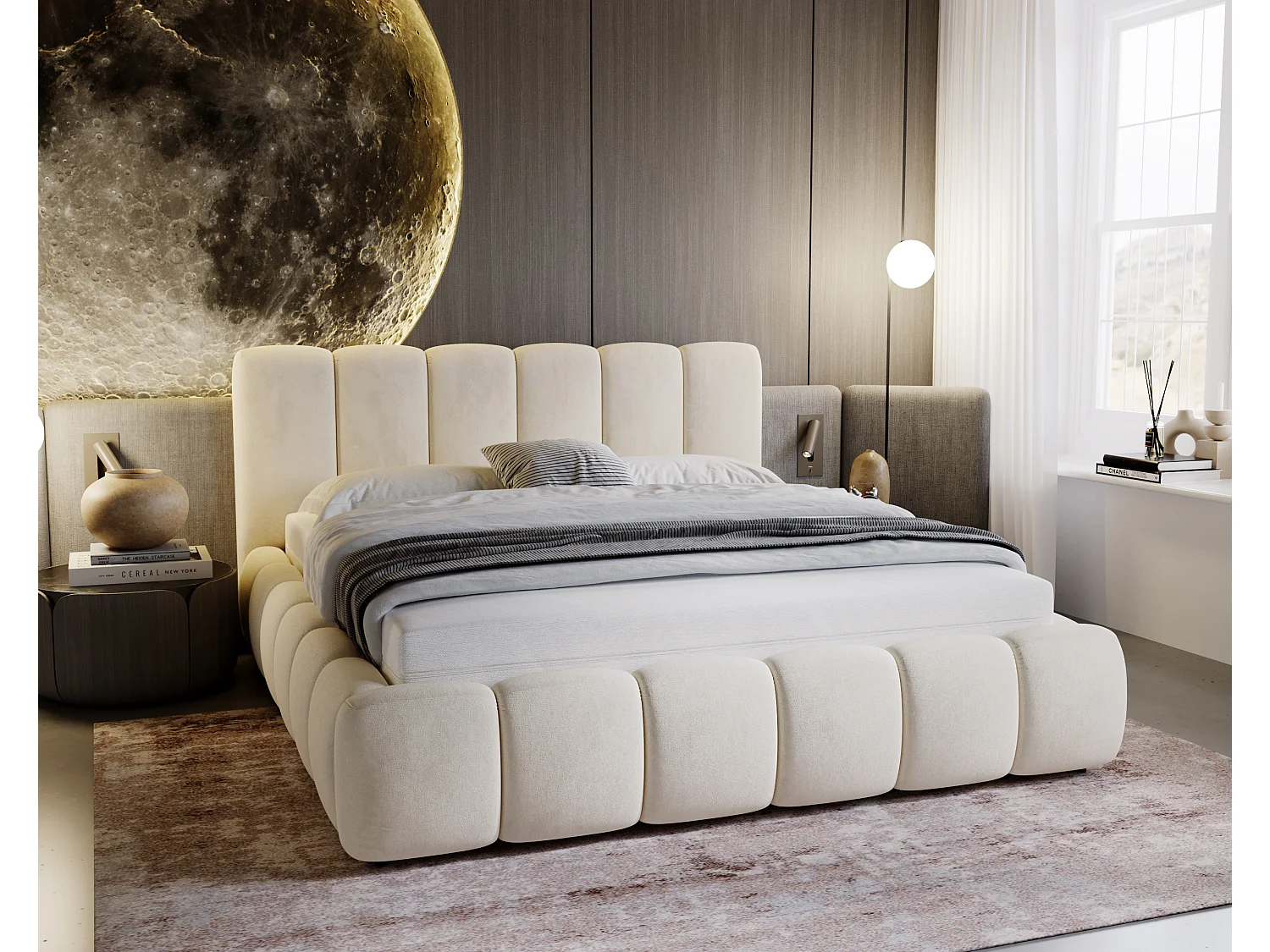 Gestoffeerd bed Cloud 180x200 beige - opbergruimte voor beddengoed, houten lattenbodem, doorgestikt hoofdbord en bedframe