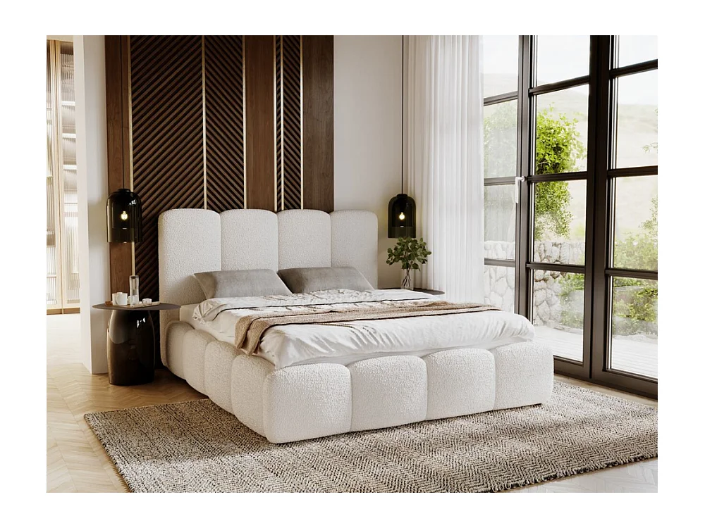 Lit rembourré avec rangement - 200 x 200 - lit double - bouclé - crème - Galli
