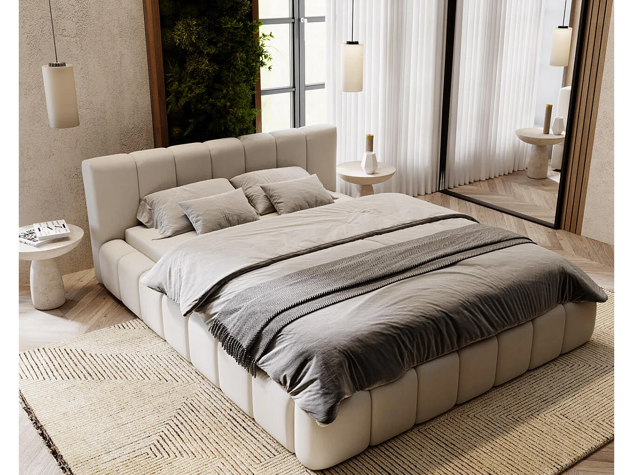 Lit rembourré avec rangement - 140 x 200 - lit double - velours - gris clair - Split