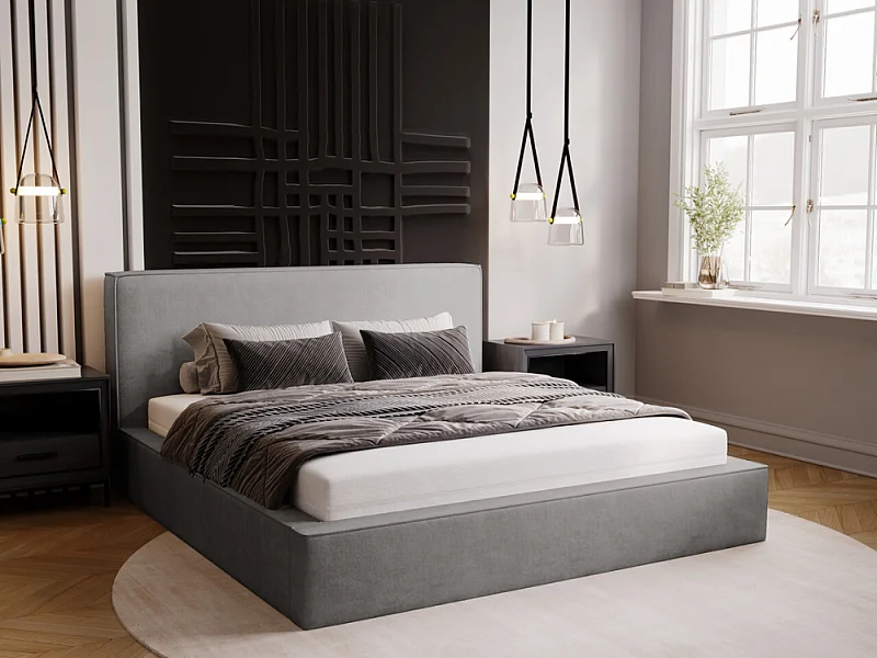 Polsterbett mit Bettkasten - 200 x 200 - Chenille-Stoff - Grau - Bett mit Lattenrost - MONACO