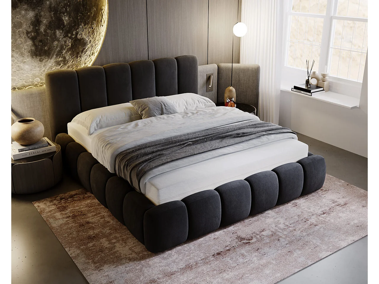 Gestoffeerd bed Cloud 140x200 antraciet - opbergruimte voor beddengoed, houten lattenbodem, doorgestikt hoofdbord en bedframe