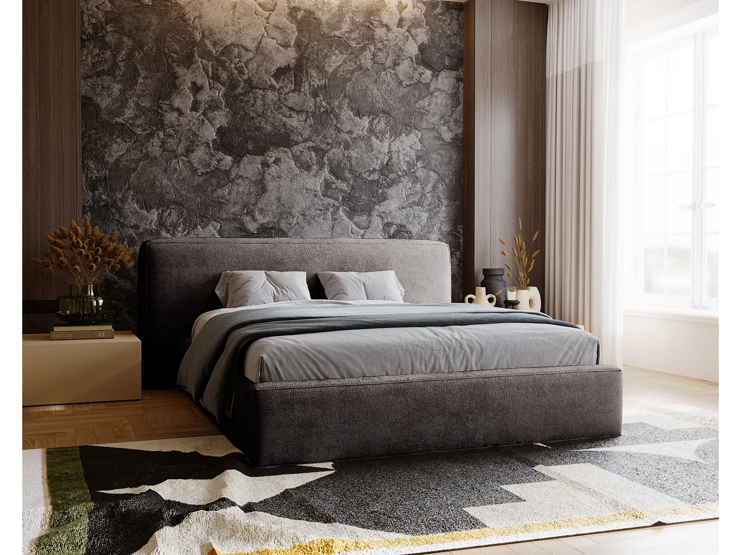 Lit rembourré avec rangement - 120 x 200 - lit double - chenille - gris - Monza