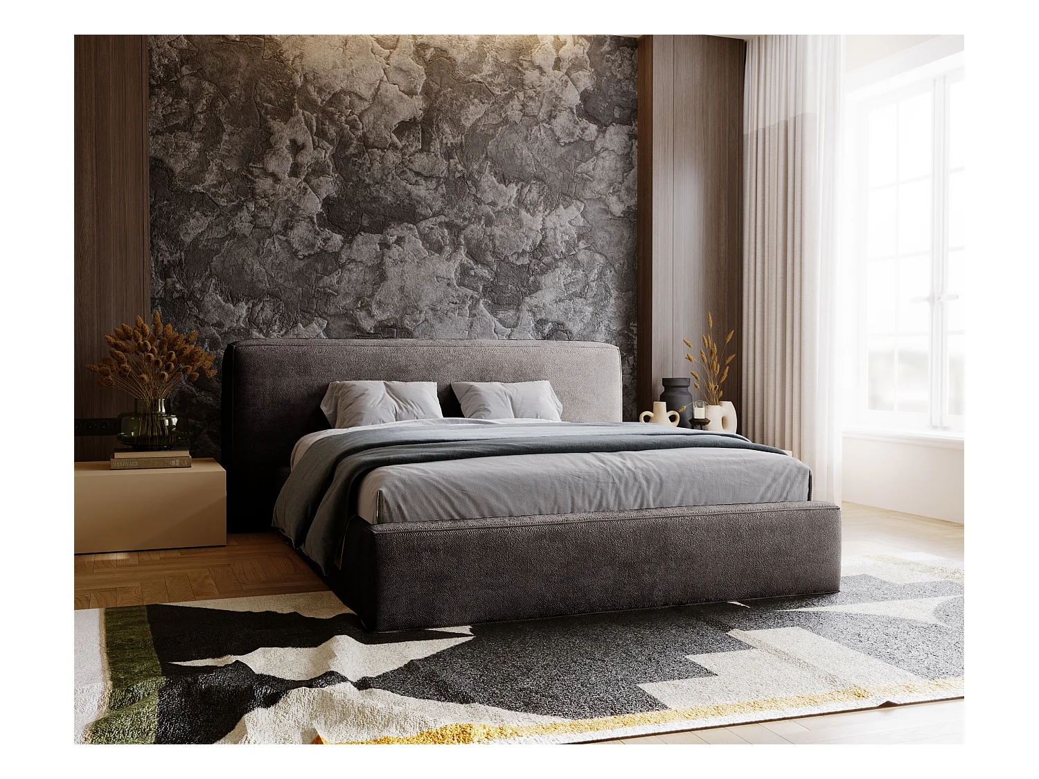 Lit rembourré avec rangement - 120 x 200 - lit double - chenille - gris - Monza