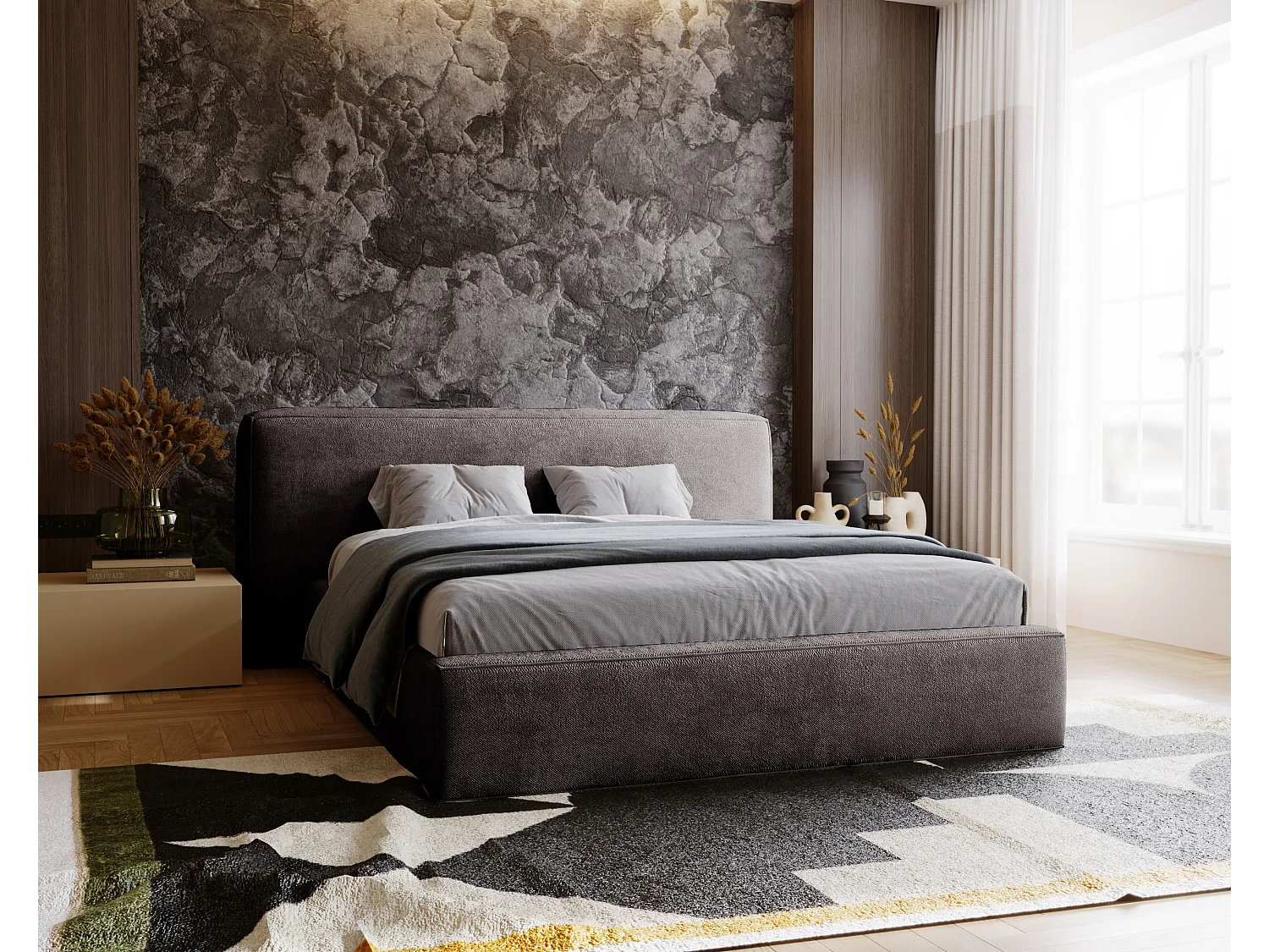 Gestoffeerd bed Monza 120x200 grijs - opbergruimte voor beddengoed, houten lattenbodem, doorgestikt hoofdbord en bedframe