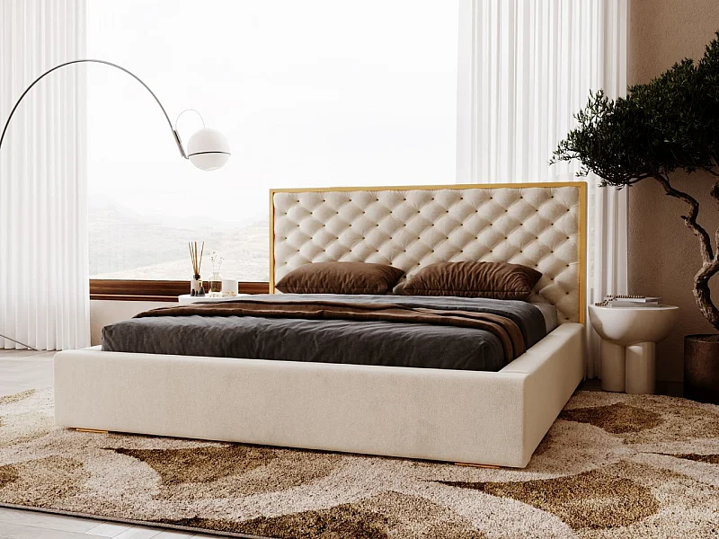 Gestoffeerd bed Bonito 160x200 beige - opbergruimte voor beddengoed, houten lattenbodem, doorgestikt hoofdbord en bedframe