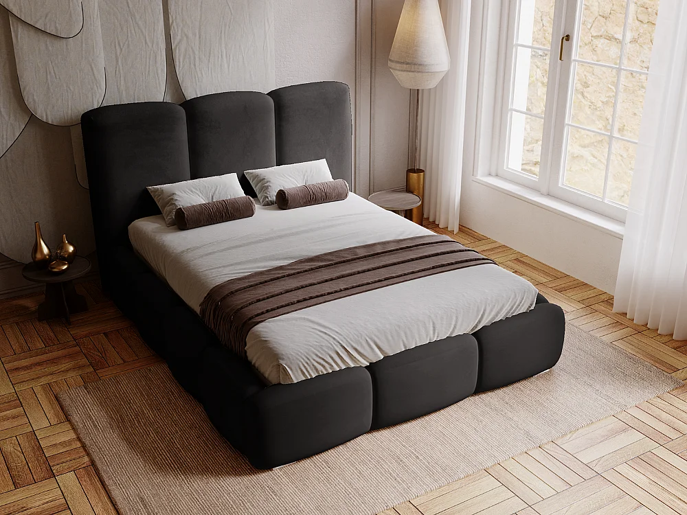 Gestoffeerd bed Bubble 120x200 zwart - opbergruimte voor beddengoed, houten lattenbodem, doorgestikt hoofdbord en bedframe