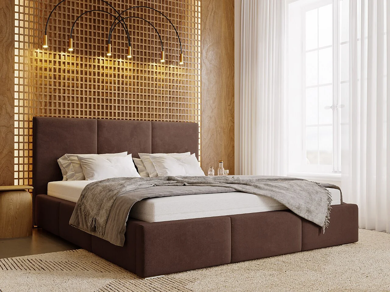 Lit rembourré avec rangement - 160 x 200 - lit double - velours - marron - Lincoln