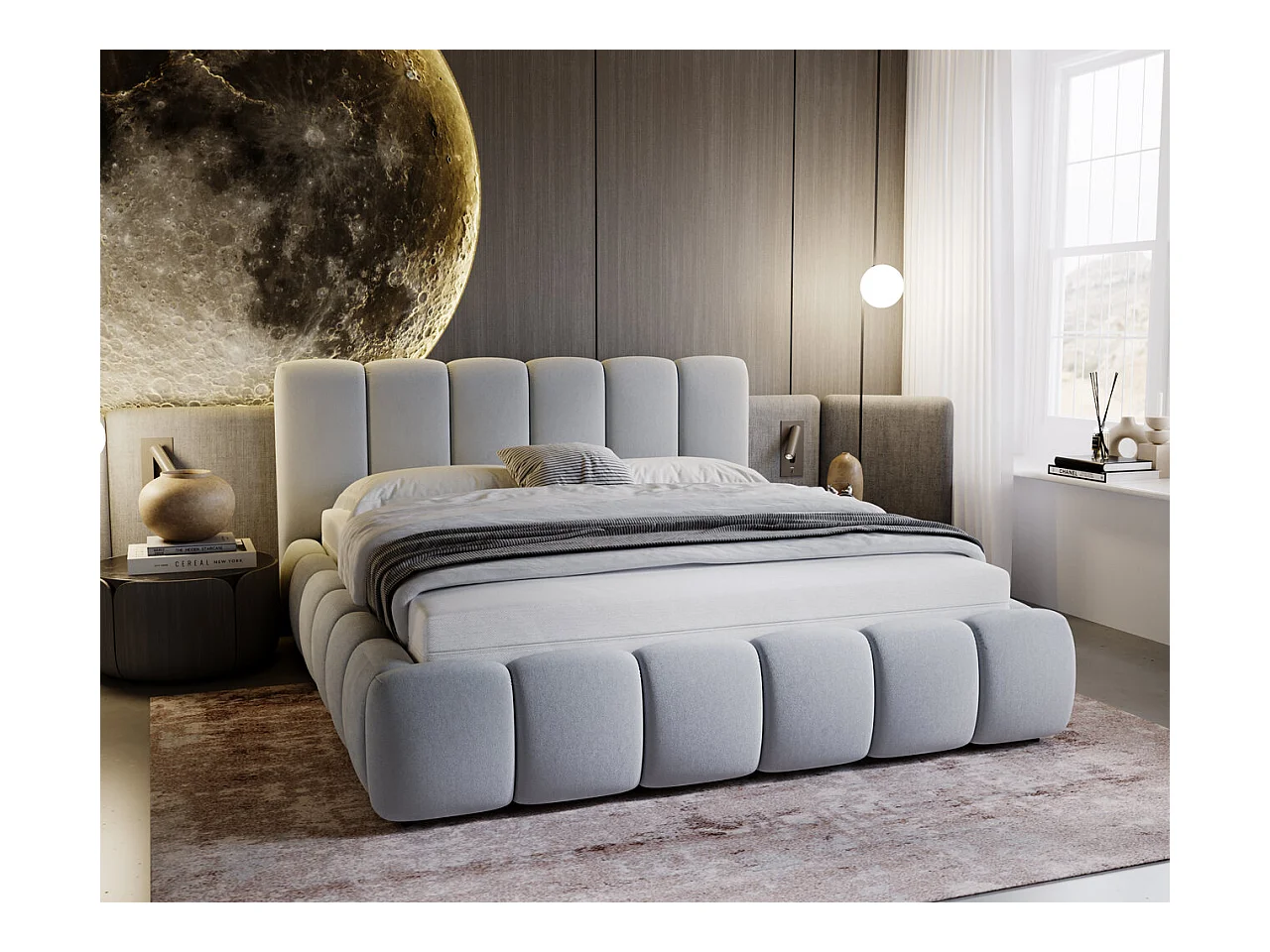 Polsterbett mit Bettkasten - 160 x 200 - Samtstoff - Hellgrau - Bett mit Lattenrost - CLOUD