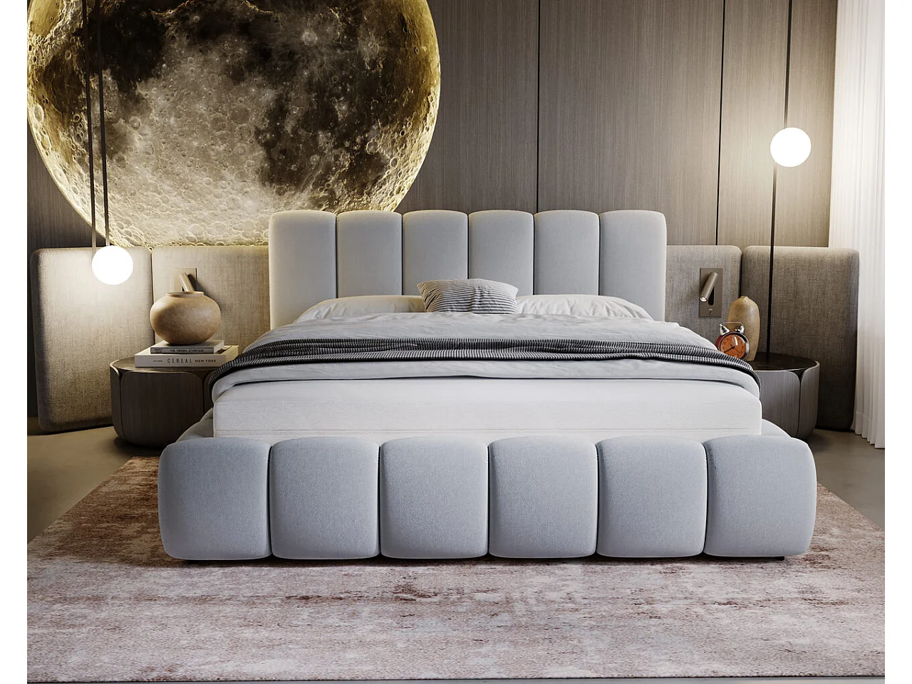 Lit rembourré avec rangement - 160 x 200  - lit double - velours - gris clair - Cloud