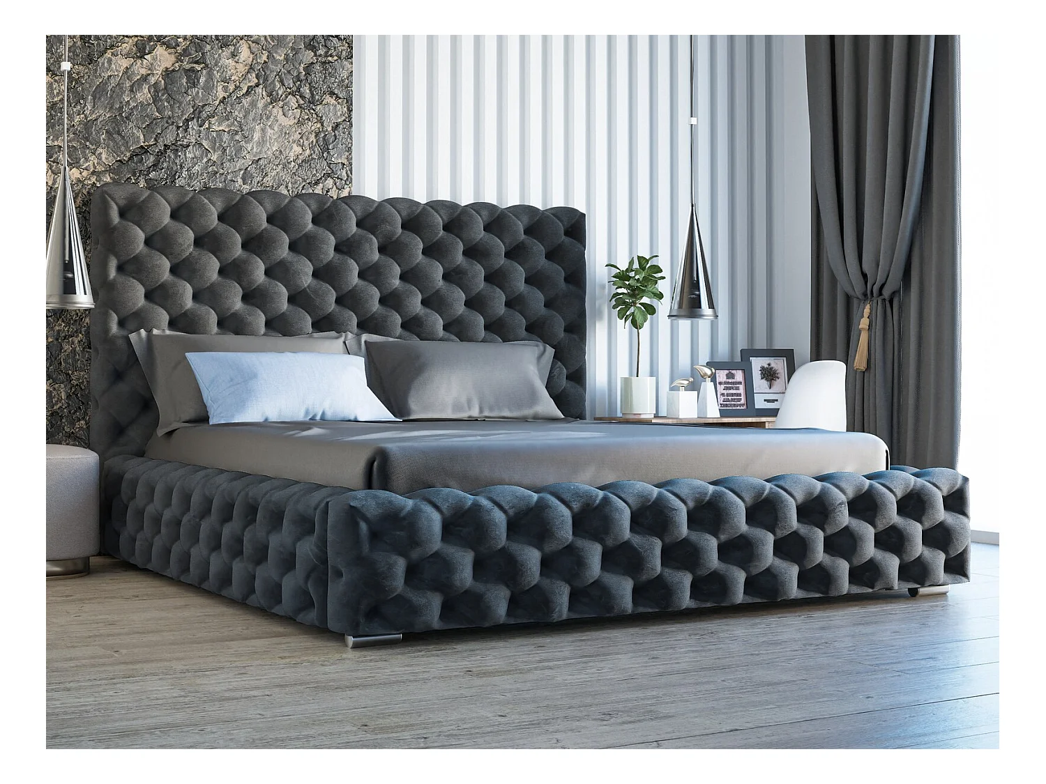 Lit rembourré avec rangement - 200 x 200  - lit double - velours - anthracite - Heaven