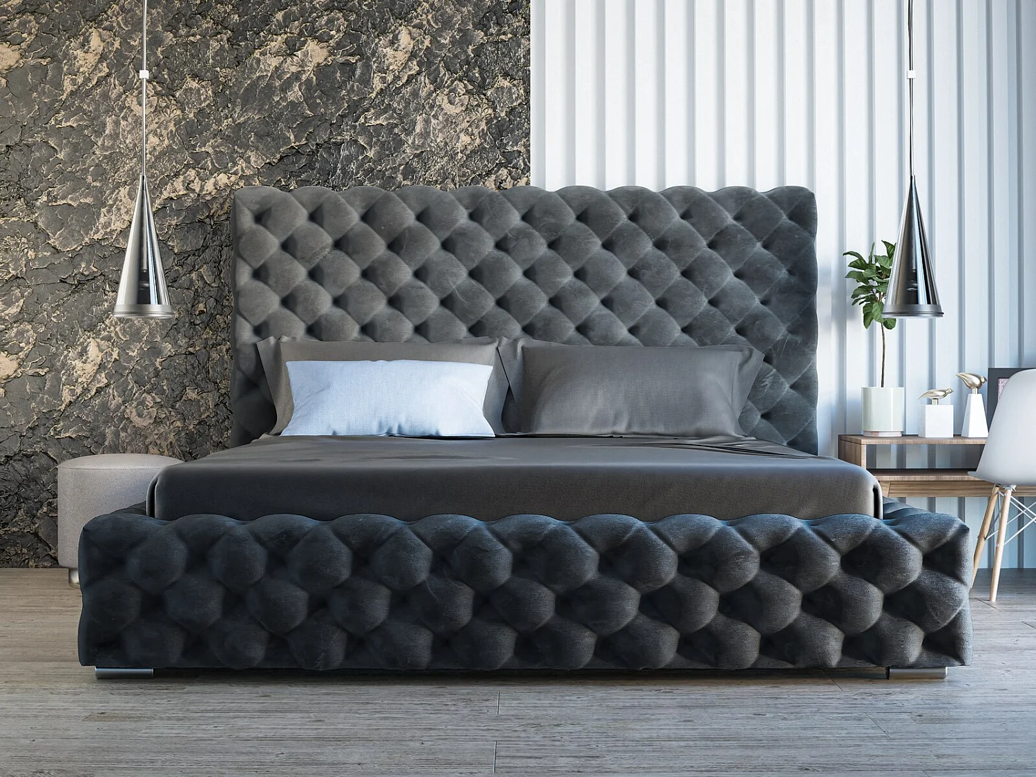 Lit rembourré avec rangement - 200 x 200  - lit double - velours - anthracite - Heaven