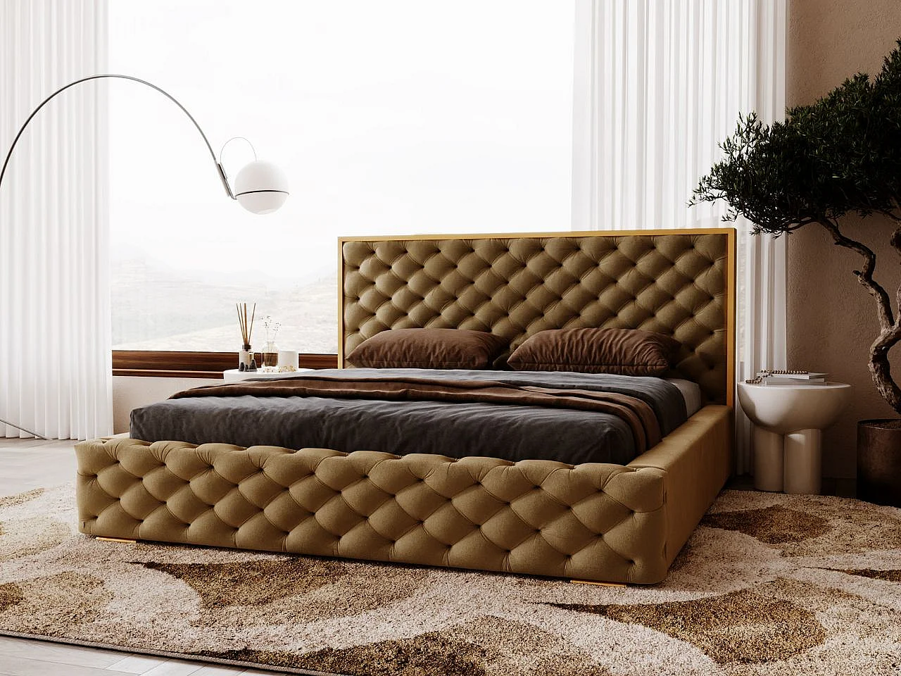 Lit rembourré avec rangement - 180 x 200 - lit double - velours - marron - Wave