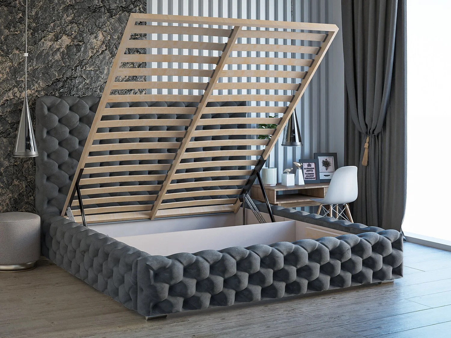 Lit rembourré avec rangement - 140 x 200  - lit double - velours - gris foncé - Heaven