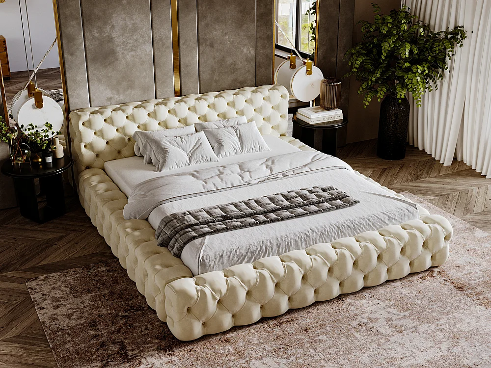 Polsterbett mit Bettkasten - 120 x 200 - Samtstoff - Beige - Bett mit Lattenrost - ARMANI BIS