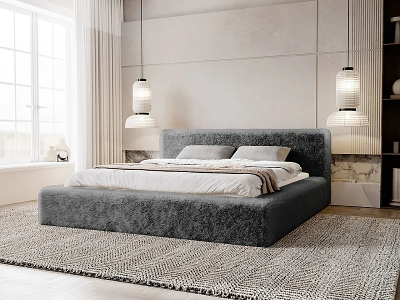 Lit rembourré avec rangement - 180 x 200 - lit double - peluche - gris - Enjoy