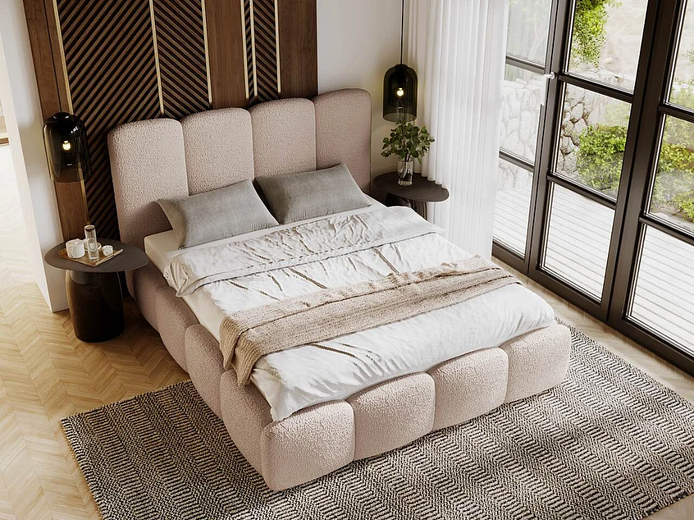 Lit rembourré avec rangement - 140 x 200 - lit double - bouclé - beige - Galli