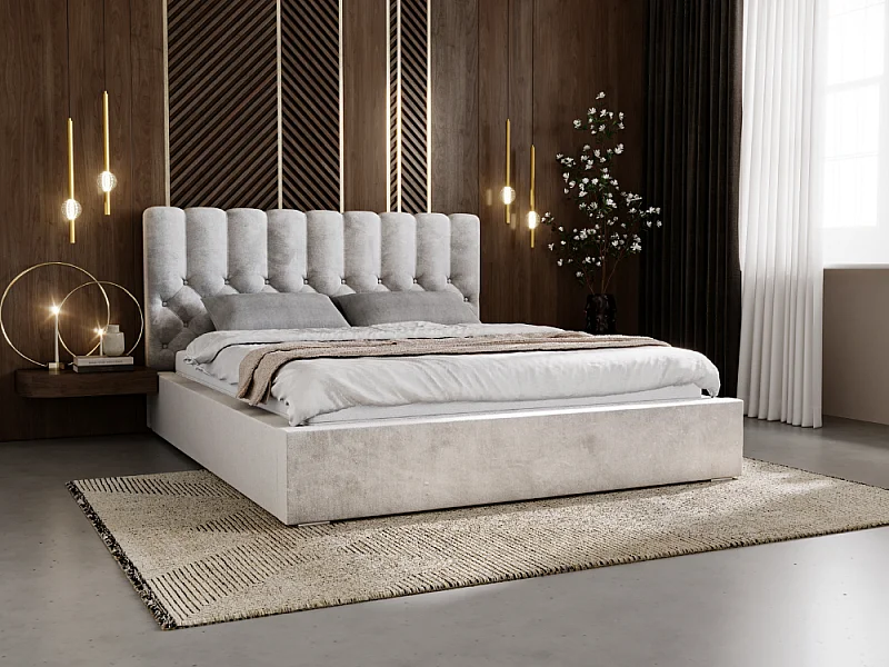 Gestoffeerd bed Roma 140x200 lichtgrijs - opbergruimte voor beddengoed, houten lattenbodem, doorgestikt hoofdbord en bedframe