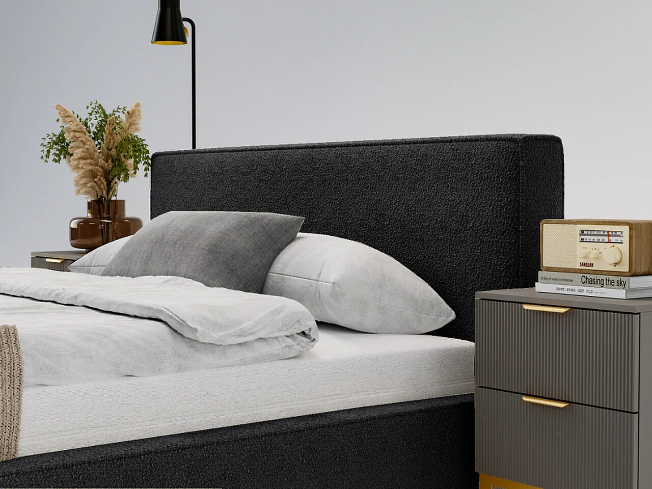 Lit rembourré avec rangement - 120 x 200 - lit double - bouclé - noir - Monaco