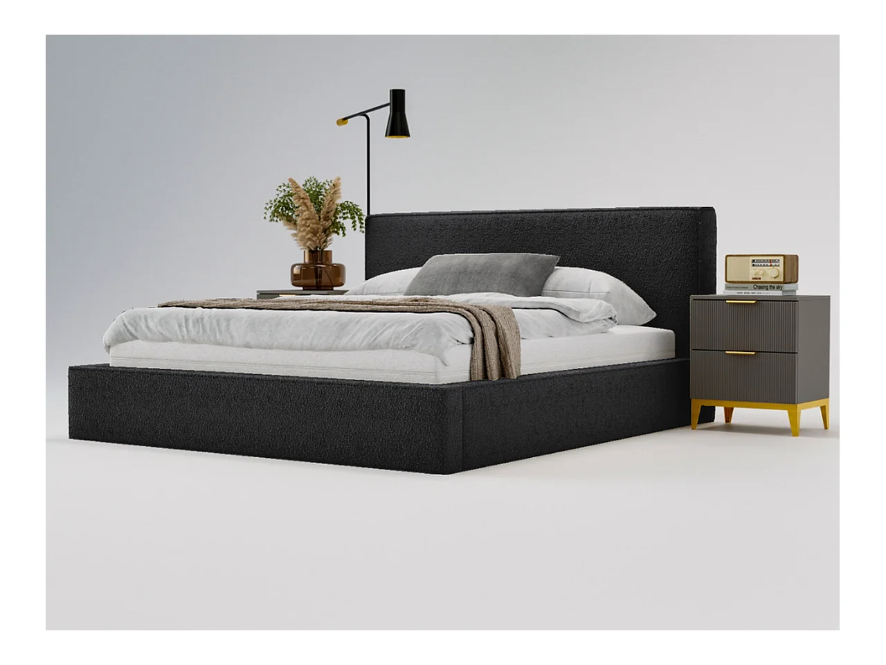 Polsterbett mit Bettkasten - 120 x 200 - Bouclé-Stoff - Schwarz - Bett mit Lattenrost - MONACO