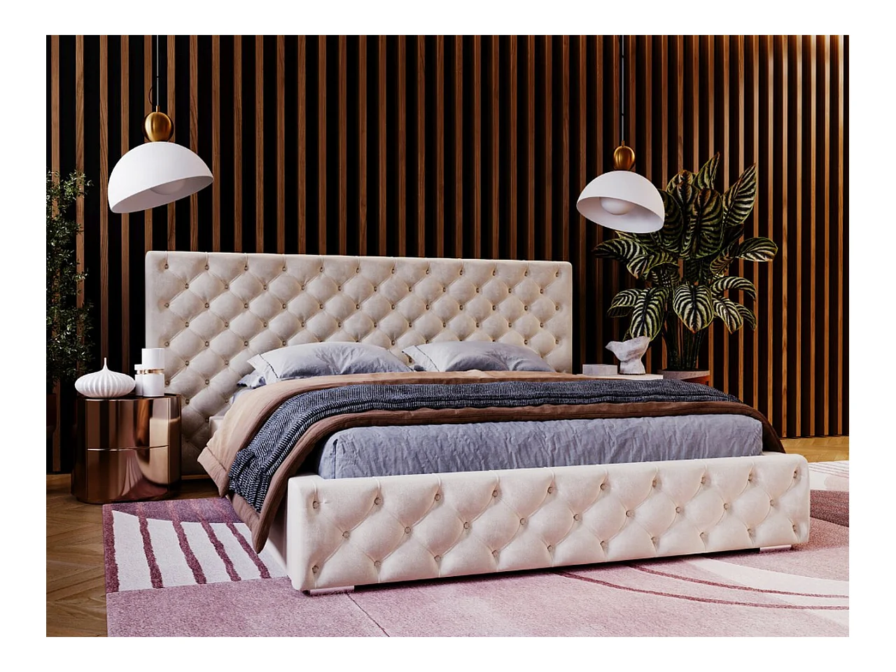 Lit rembourré avec rangement - 160 x 200 - lit double - velours - beige - Madera