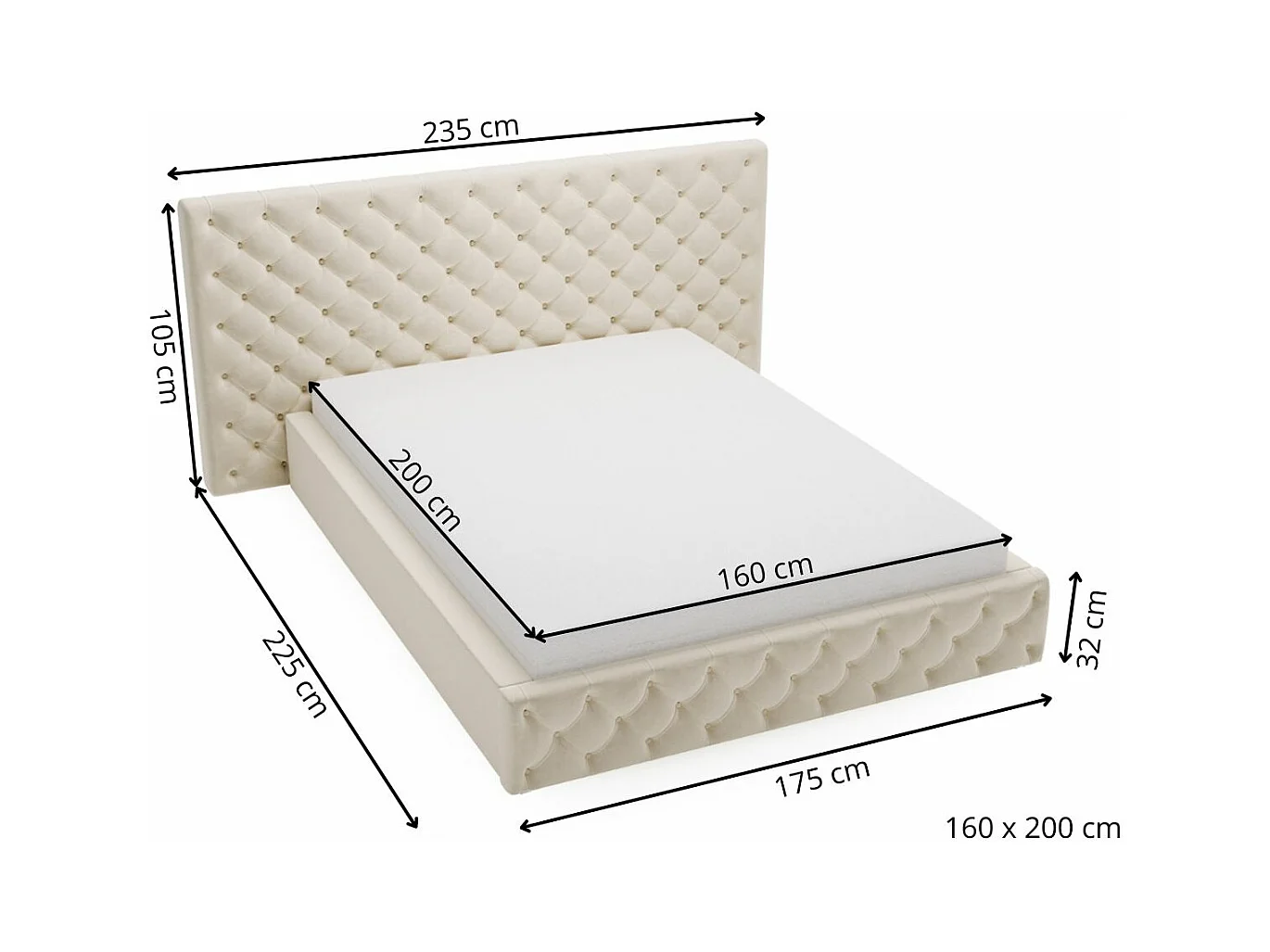 Lit rembourré avec rangement - 160 x 200 - lit double - velours - beige - Madera