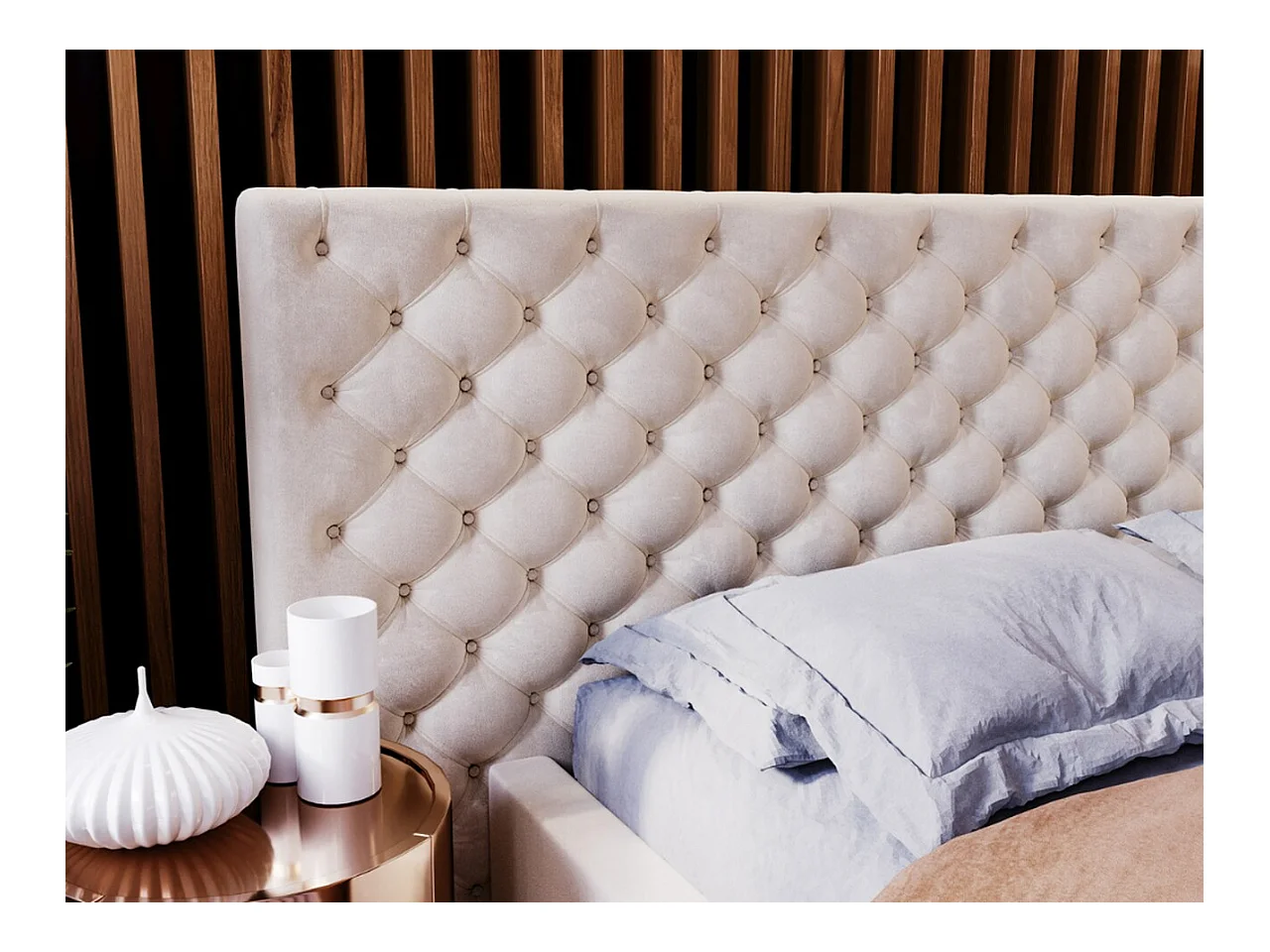 Lit rembourré avec rangement - 160 x 200 - lit double - velours - beige - Madera