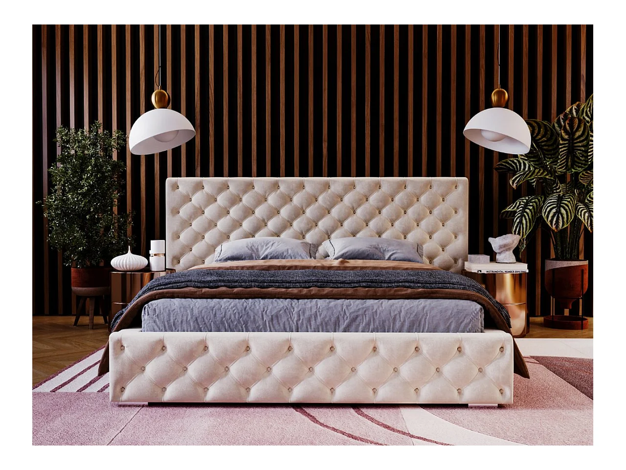 Lit rembourré avec rangement - 160 x 200 - lit double - velours - beige - Madera