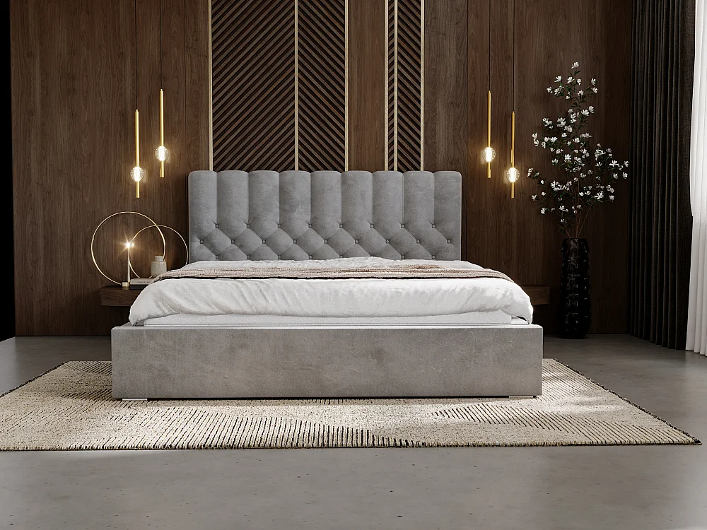 Gestoffeerd bed Roma 160x200 grijs - opbergruimte voor beddengoed, houten lattenbodem, doorgestikt hoofdbord en bedframe