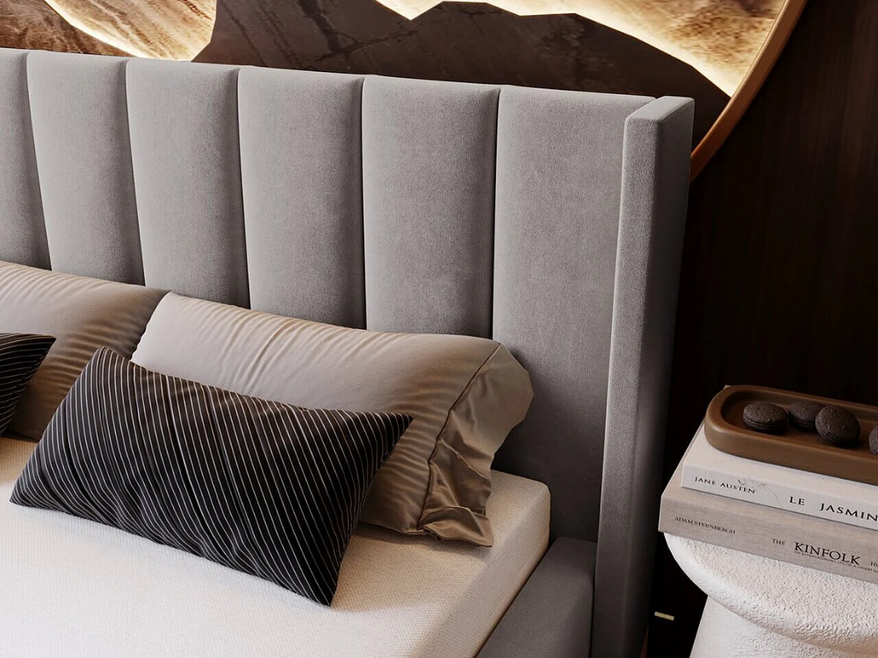 Lit rembourré avec rangement - 140 x 200 - lit double - velours - gris - Marano