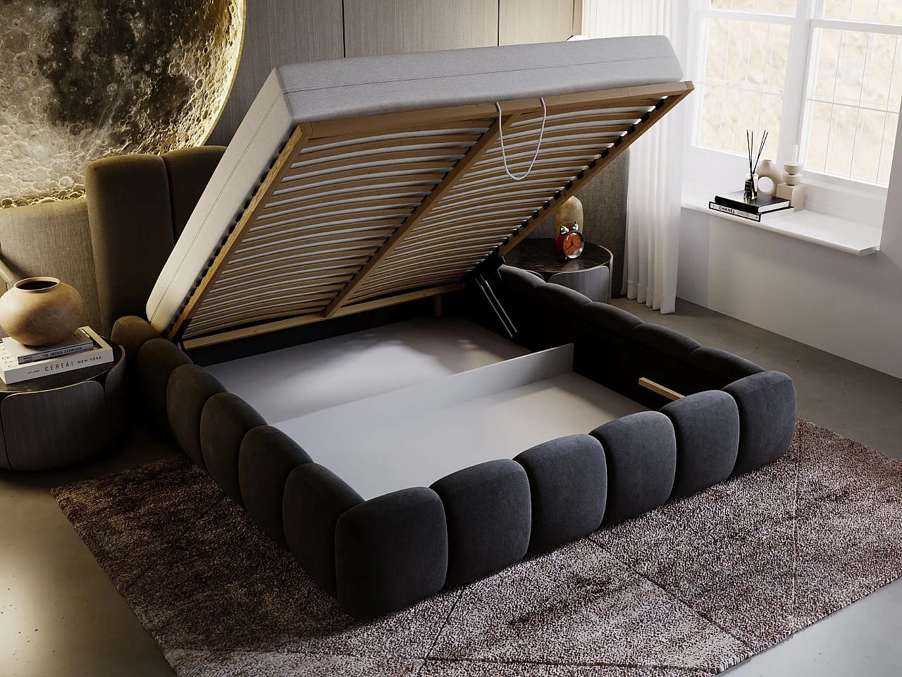 Gestoffeerd bed Cloud 160x200 antraciet - opbergruimte voor beddengoed, houten lattenbodem, doorgestikt hoofdbord en bedframe