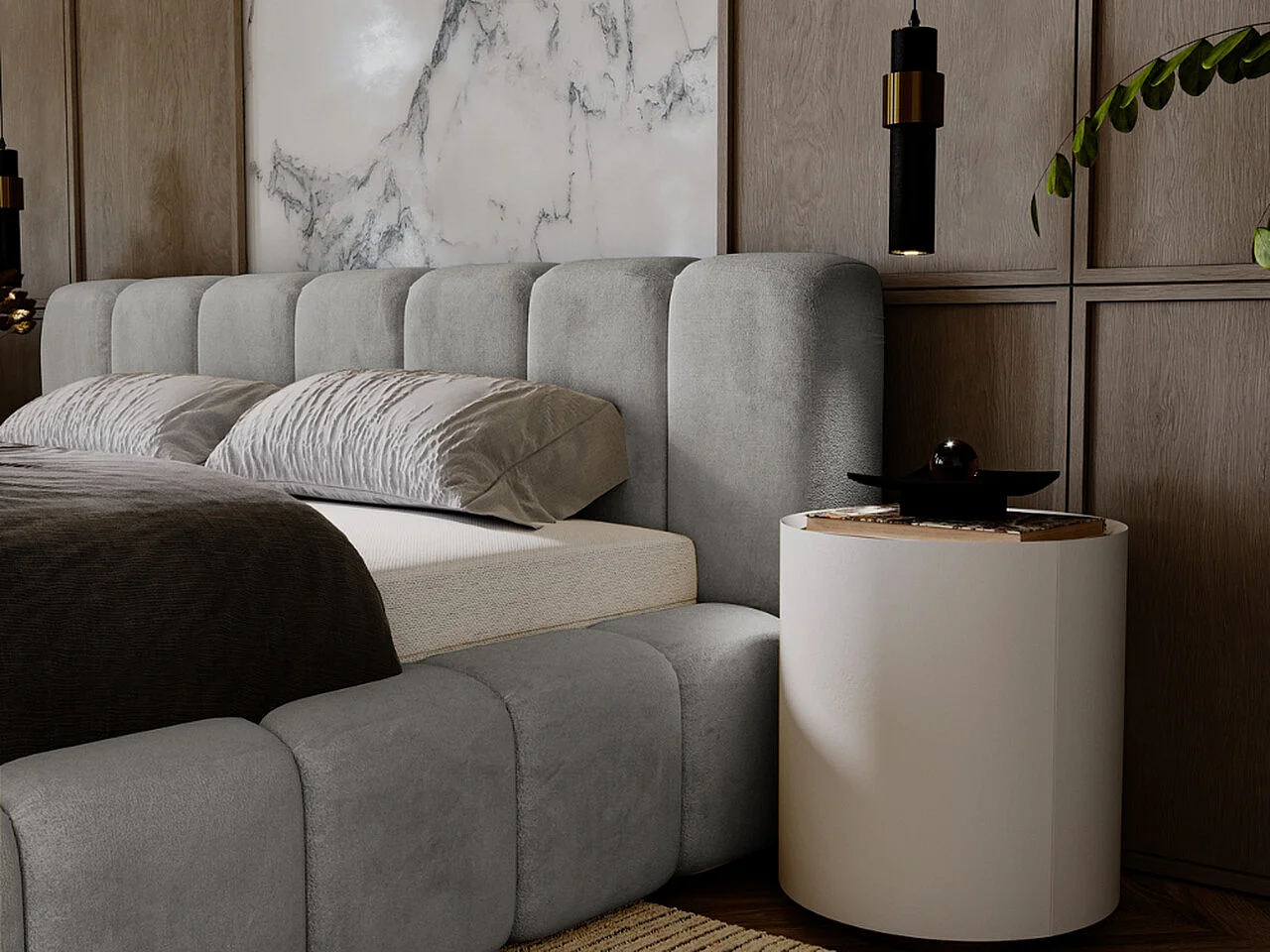 Gestoffeerd bed Ibiza 140x200 grijs - opbergruimte voor beddengoed, houten lattenbodem, doorgestikt hoofdbord en bedframe.