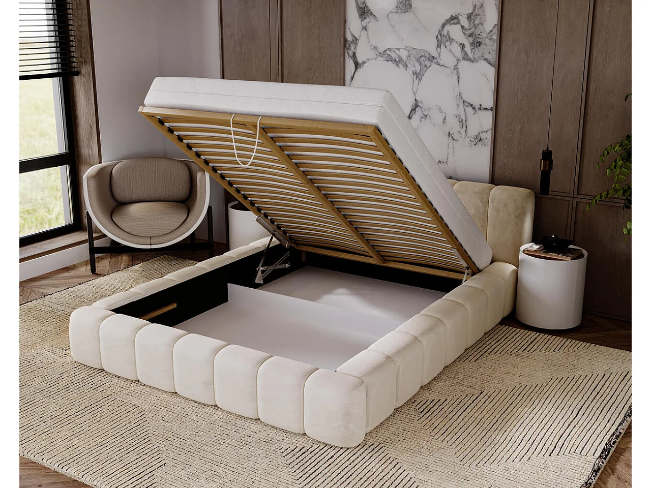 Gestoffeerd bed Ibiza 140x200 grijs - opbergruimte voor beddengoed, houten lattenbodem, doorgestikt hoofdbord en bedframe.