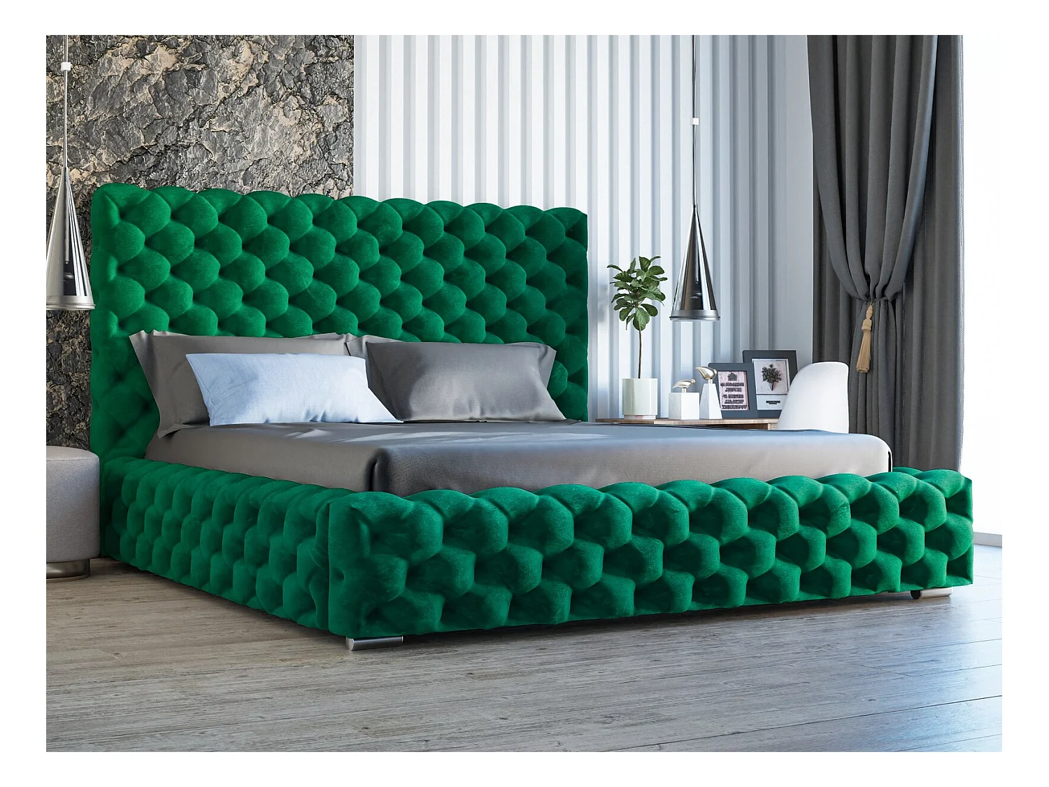 Lit rembourré avec rangement - 180 x 200  - lit double - velours - vert - Heaven