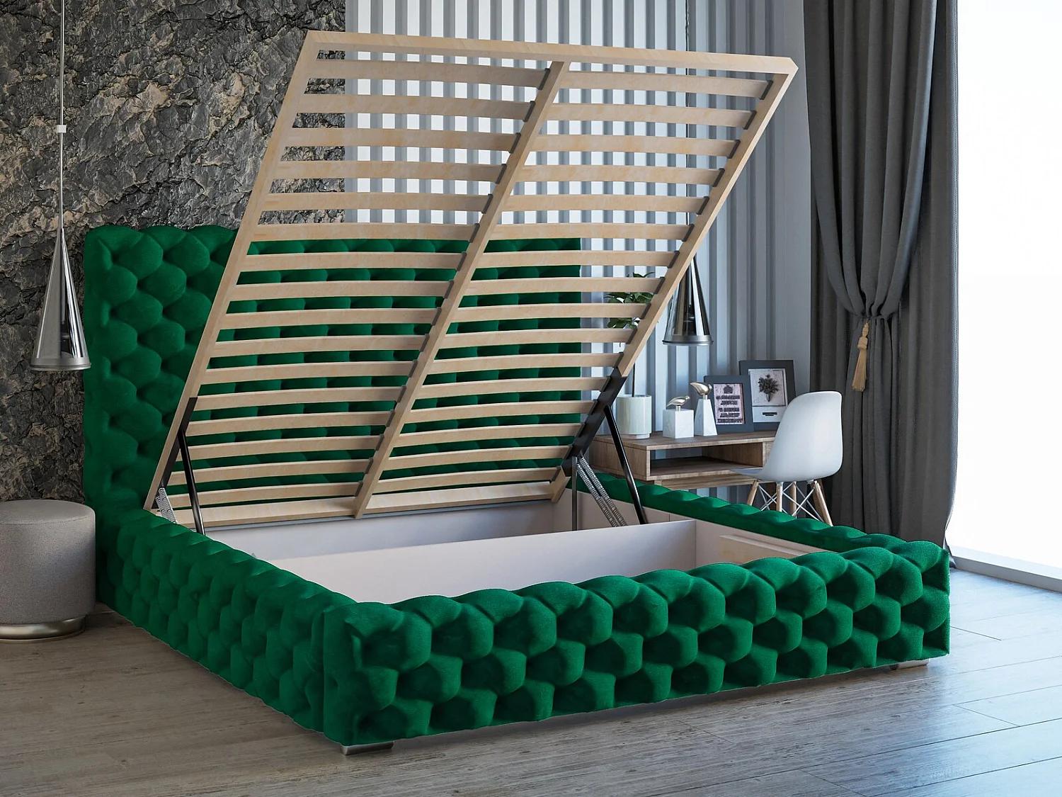 Lit rembourré avec rangement - 180 x 200  - lit double - velours - vert - Heaven