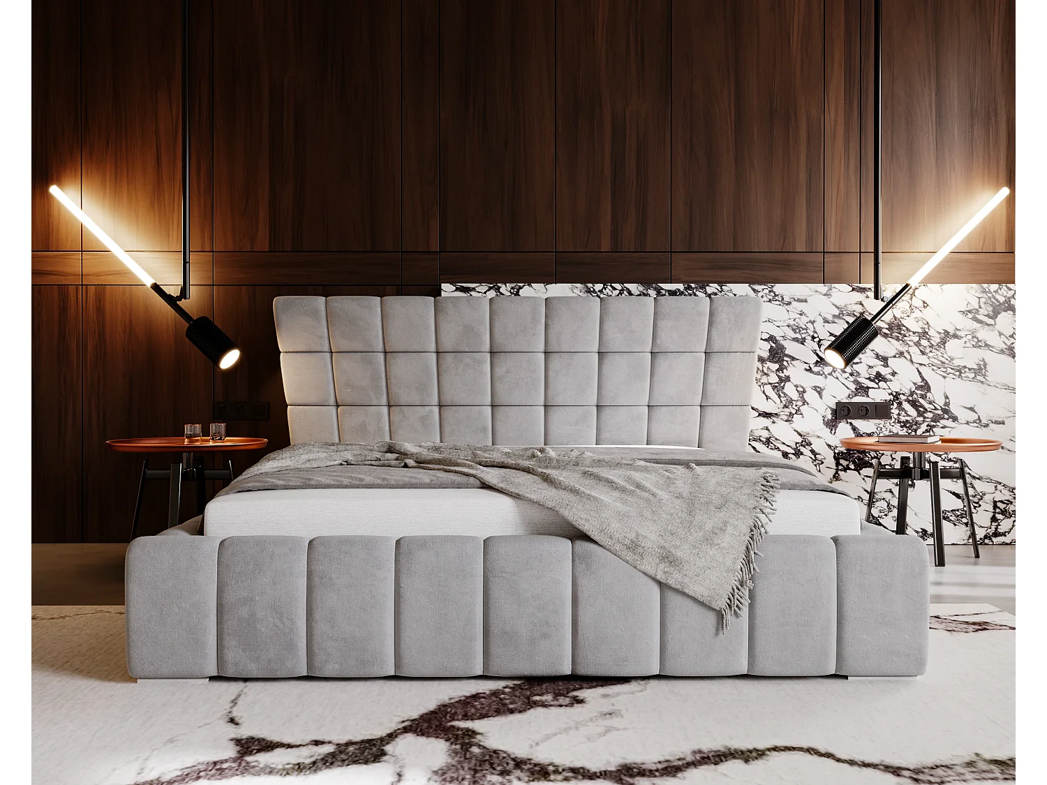 Lit rembourré avec rangement - 140 x 200 - lit double - velours - gris - Paris