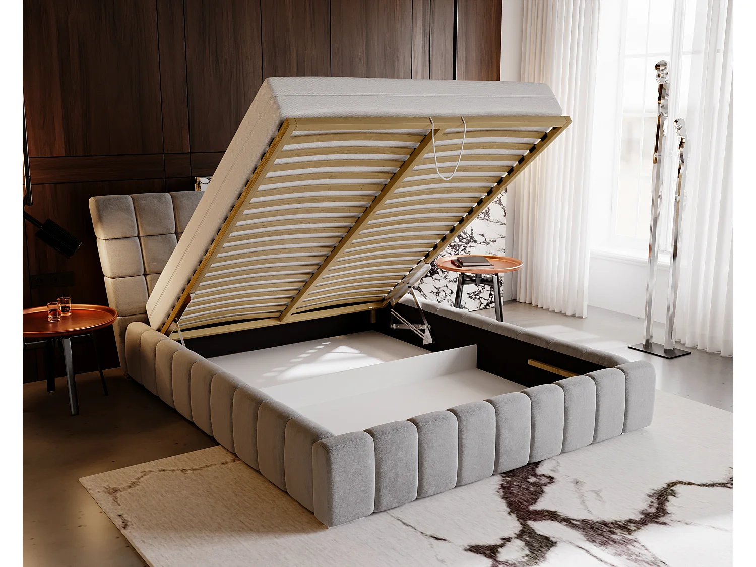 Gestoffeerd bed Paris 140x200 grijs - opbergruimte voor beddengoed, houten lattenbodem, doorgestikt hoofdbord en bedframe