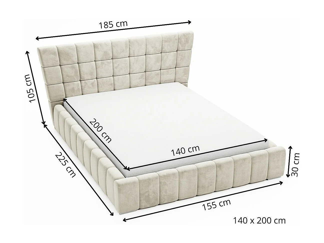 Gestoffeerd bed Paris 140x200 grijs - opbergruimte voor beddengoed, houten lattenbodem, doorgestikt hoofdbord en bedframe