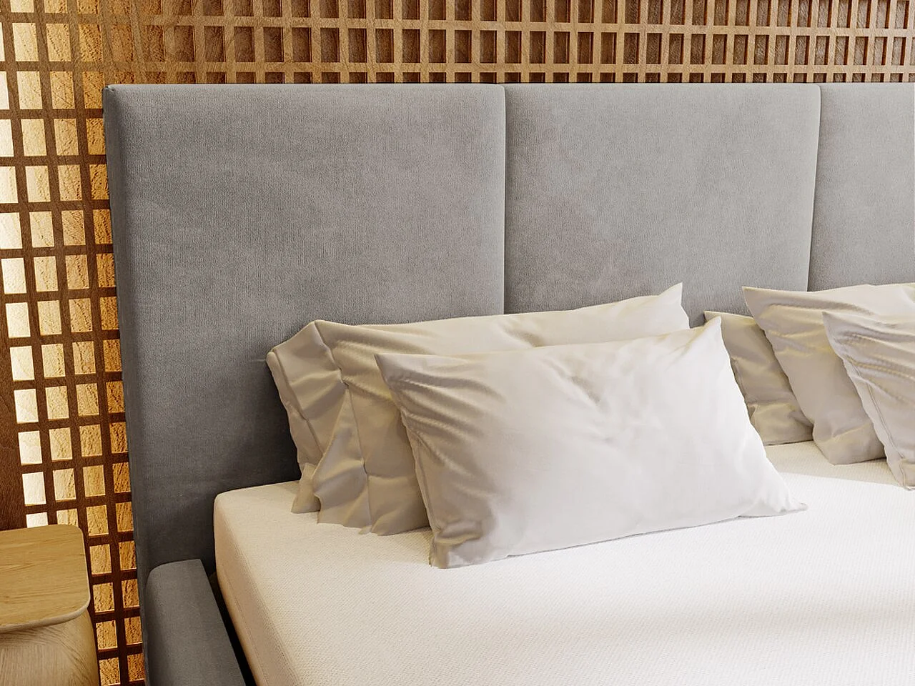 Gestoffeerd bed Lincoln 140x200 Grijs - opbergruimte voor beddengoed, houten lattenbodem, doorgestikt hoofdbord en bedframe