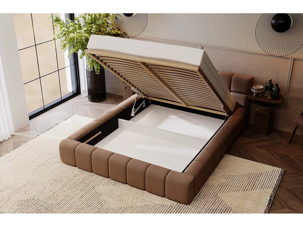 Gestoffeerd bed Alicante 180x200 bruin - opbergruimte voor beddengoed, houten lattenbodem, doorgestikt hoofdbord en bedframe.