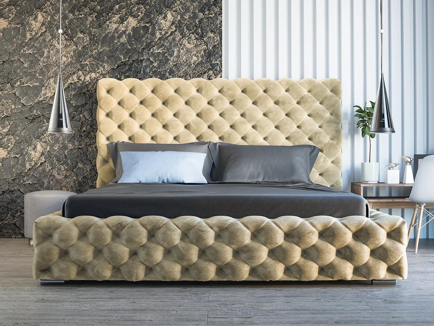 Gestoffeerd bed Heaven 200x200 beige - opbergruimte voor beddengoed, houten lattenbodem, doorgestikt hoofdbord en bedframe