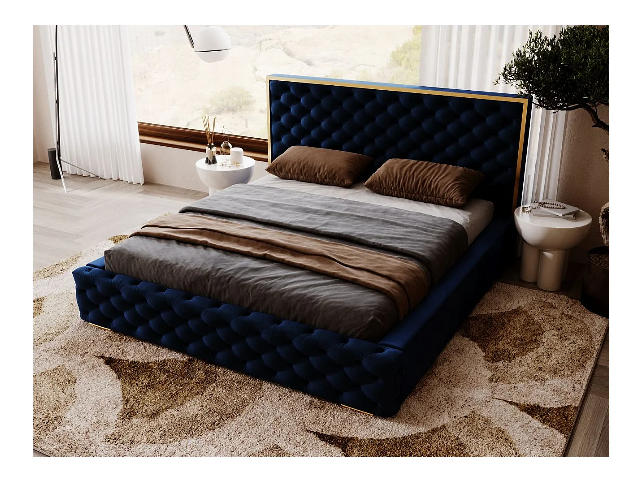 Lit rembourré avec rangement - 160 x 200 - lit double - velours - bleu - Wave