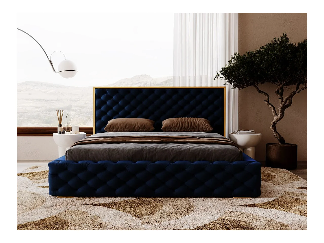 Lit rembourré avec rangement - 160 x 200 - lit double - velours - bleu - Wave