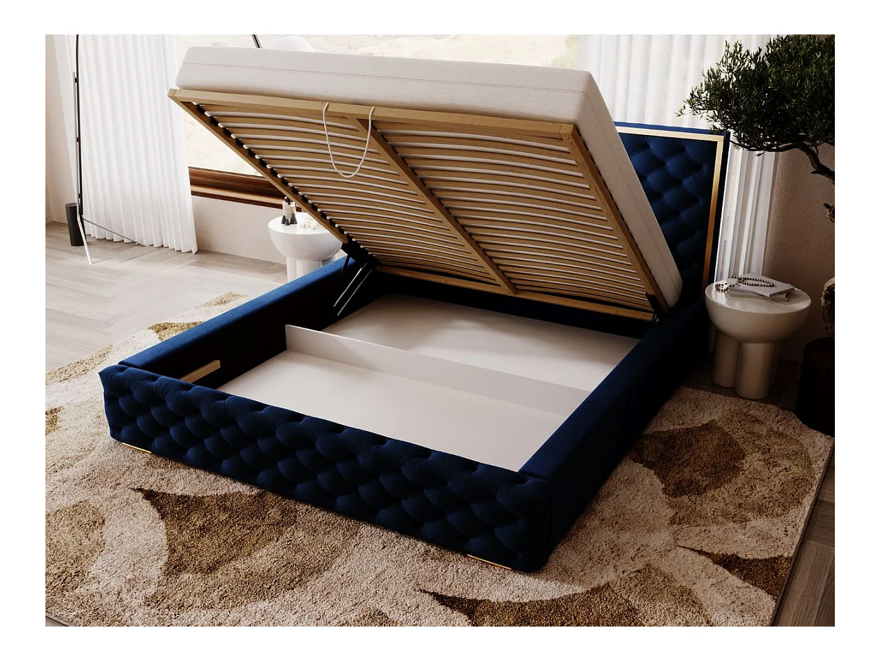 Lit rembourré avec rangement - 160 x 200 - lit double - velours - bleu - Wave