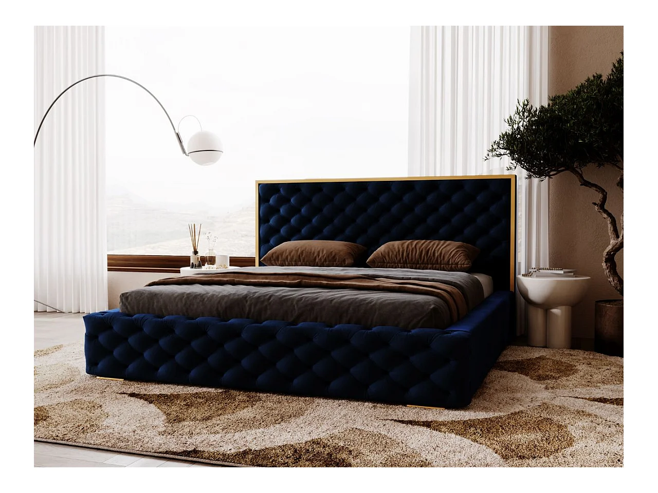 Lit rembourré avec rangement - 160 x 200 - lit double - velours - bleu - Wave