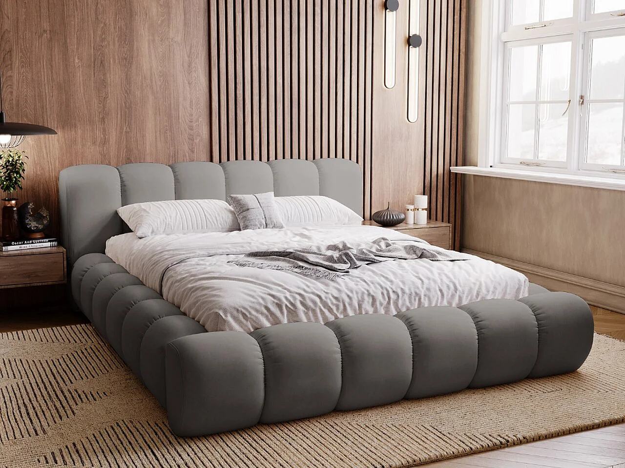 Polsterbett mit Bettkasten - 120 x 200 - Samtstoff - Grau - Bett mit Lattenrost - DORIA