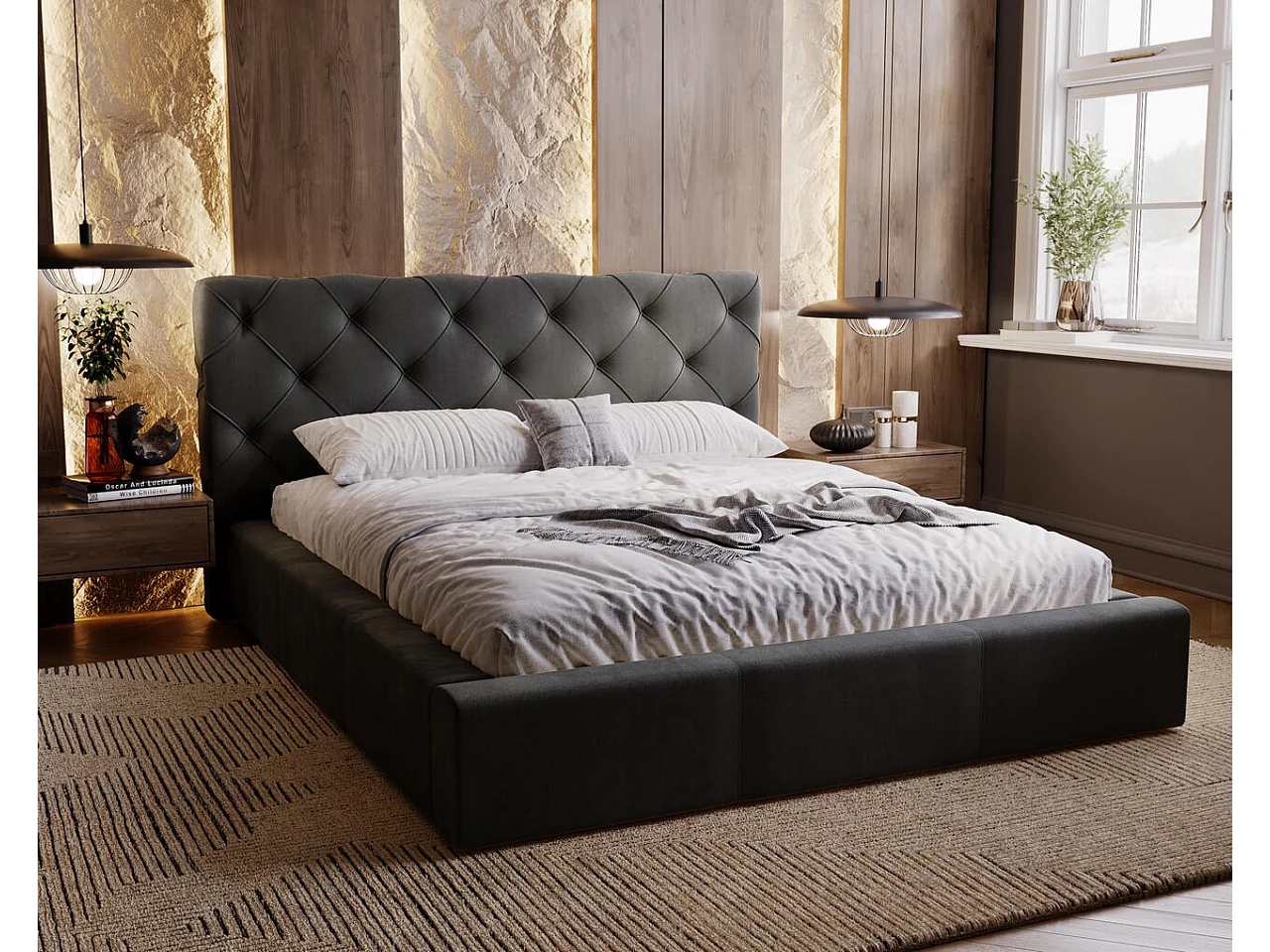 Polsterbett mit Bettkasten - 200 x 200 - Samtstoff - Grau - Bett mit Lattenrost - MILANO