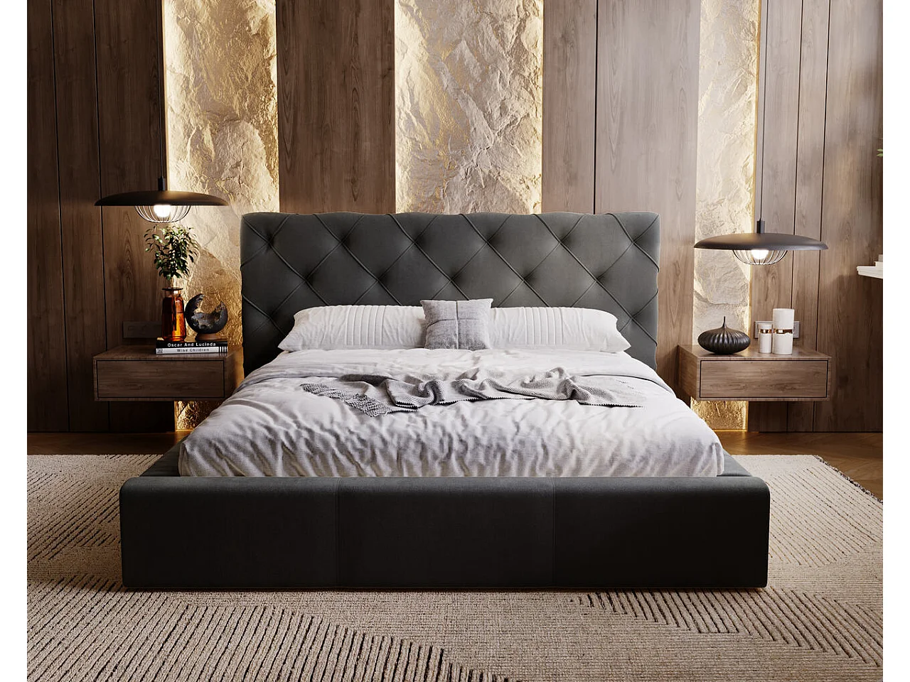 Polsterbett mit Bettkasten - 200 x 200 - Samtstoff - Grau - Bett mit Lattenrost - MILANO