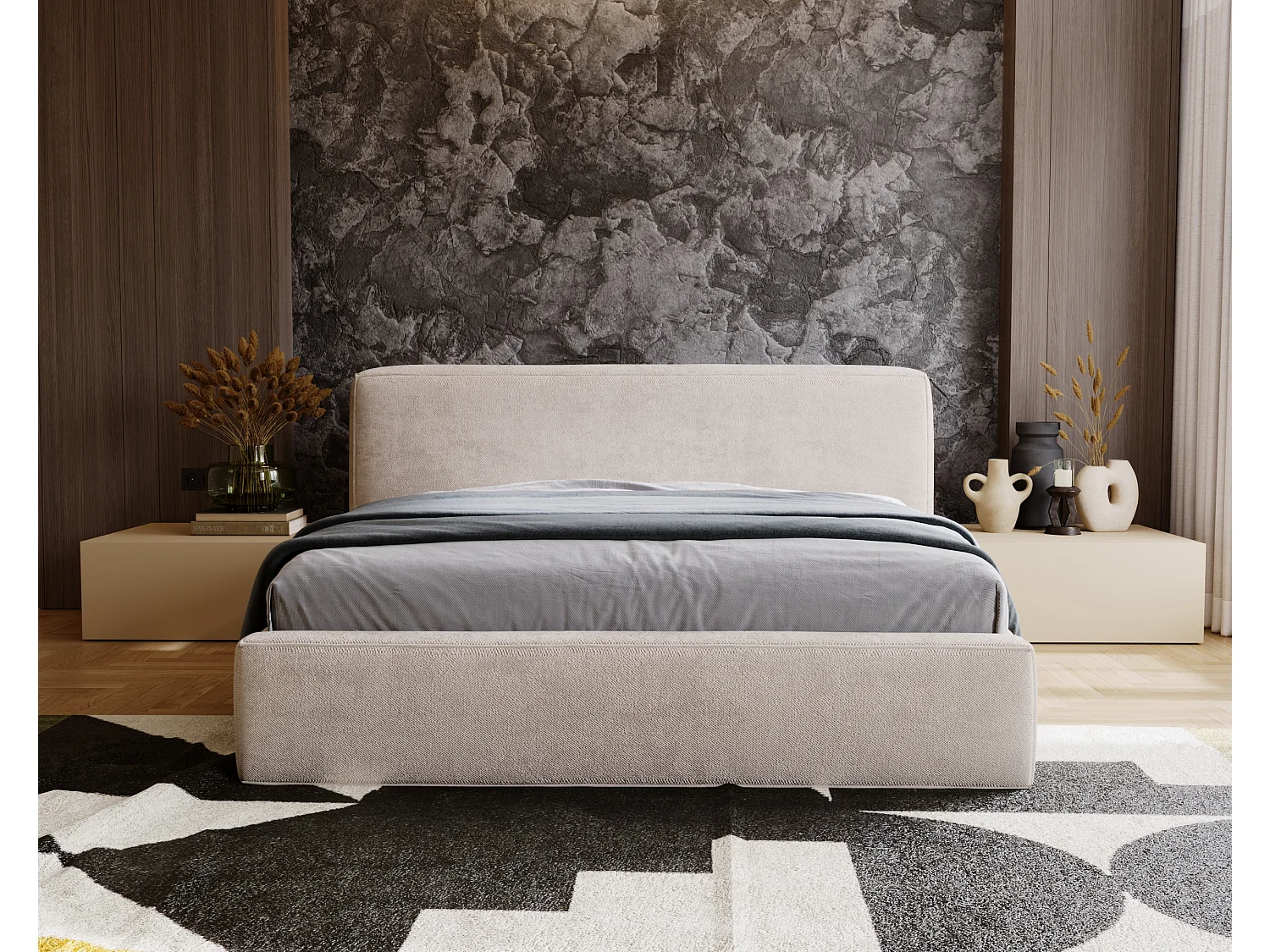 Lit rembourré avec rangement - 140 x 200 - lit double - chenille - beige - Monza